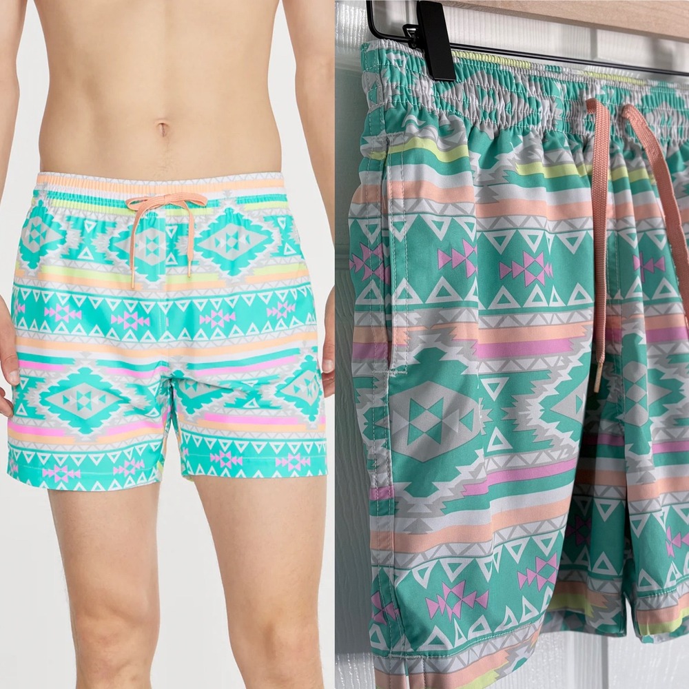 Chubbies Swim Trunks Large Teal Geometric Tribal 5.5 Inch Inseam Shorts